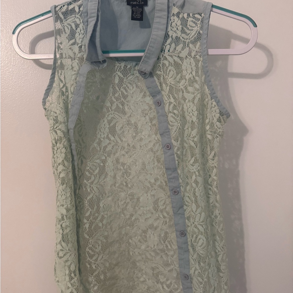Rue21 Vintage Mint Lace Button-Up Vest Blouse